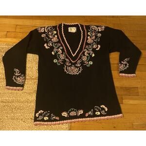 Vtg 80s Ninon De Lenclos Women Hand knit Sweater Floral Black L